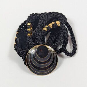 SITI Cloisonne Round Black & Blue Belt Buckle & Black Braided Cord Belt Vintage